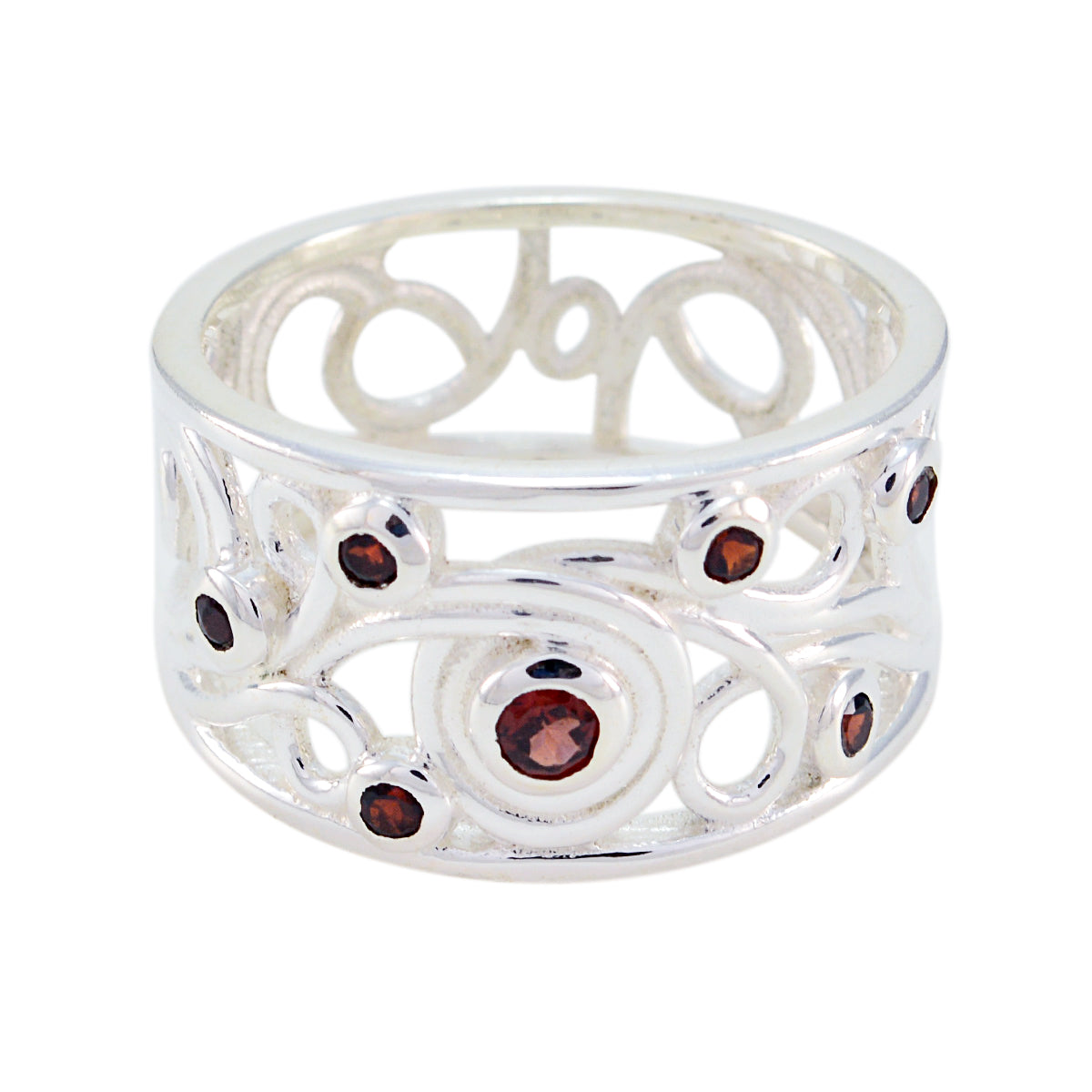Kristine silver ring featuring intricate design with red gemstone statement ring accents