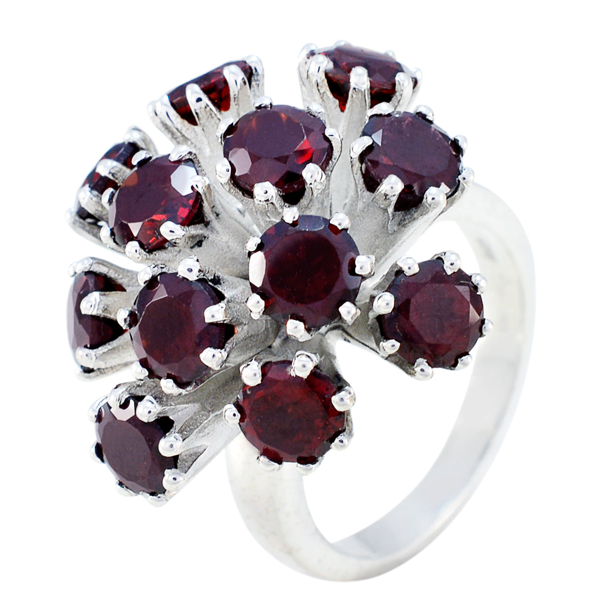 Chloe silver ring featuring multiple red gemstones in a floral design red gemstone statement ring