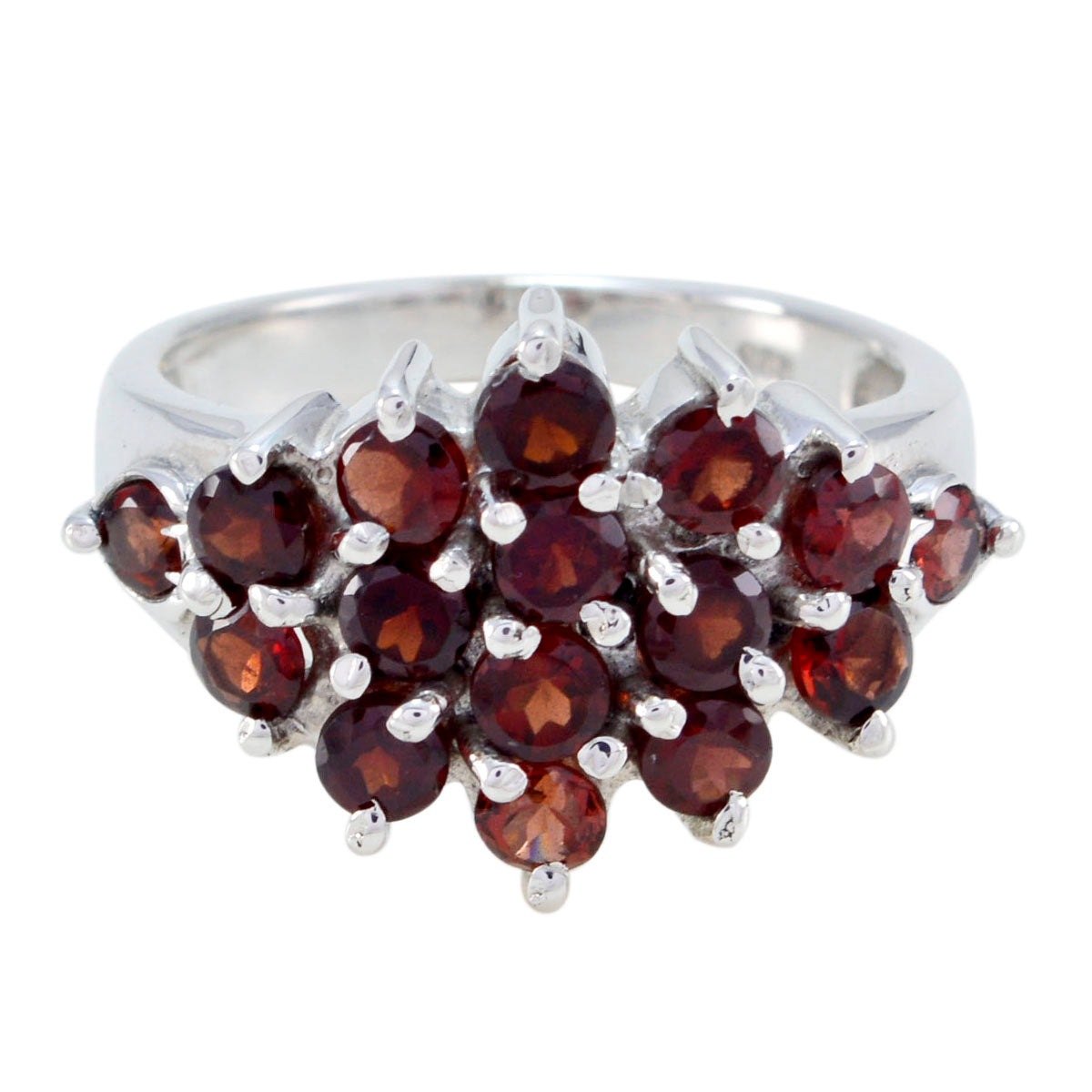 Saanvi red gemstone statement ring with multiple round red gemstones set in silver band