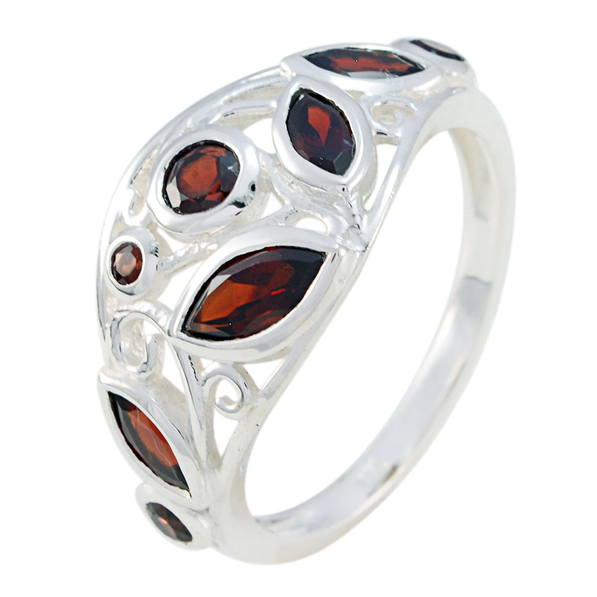 Ines sterling silver filigree band featuring marquise and round red gemstones red gemstone statement ring