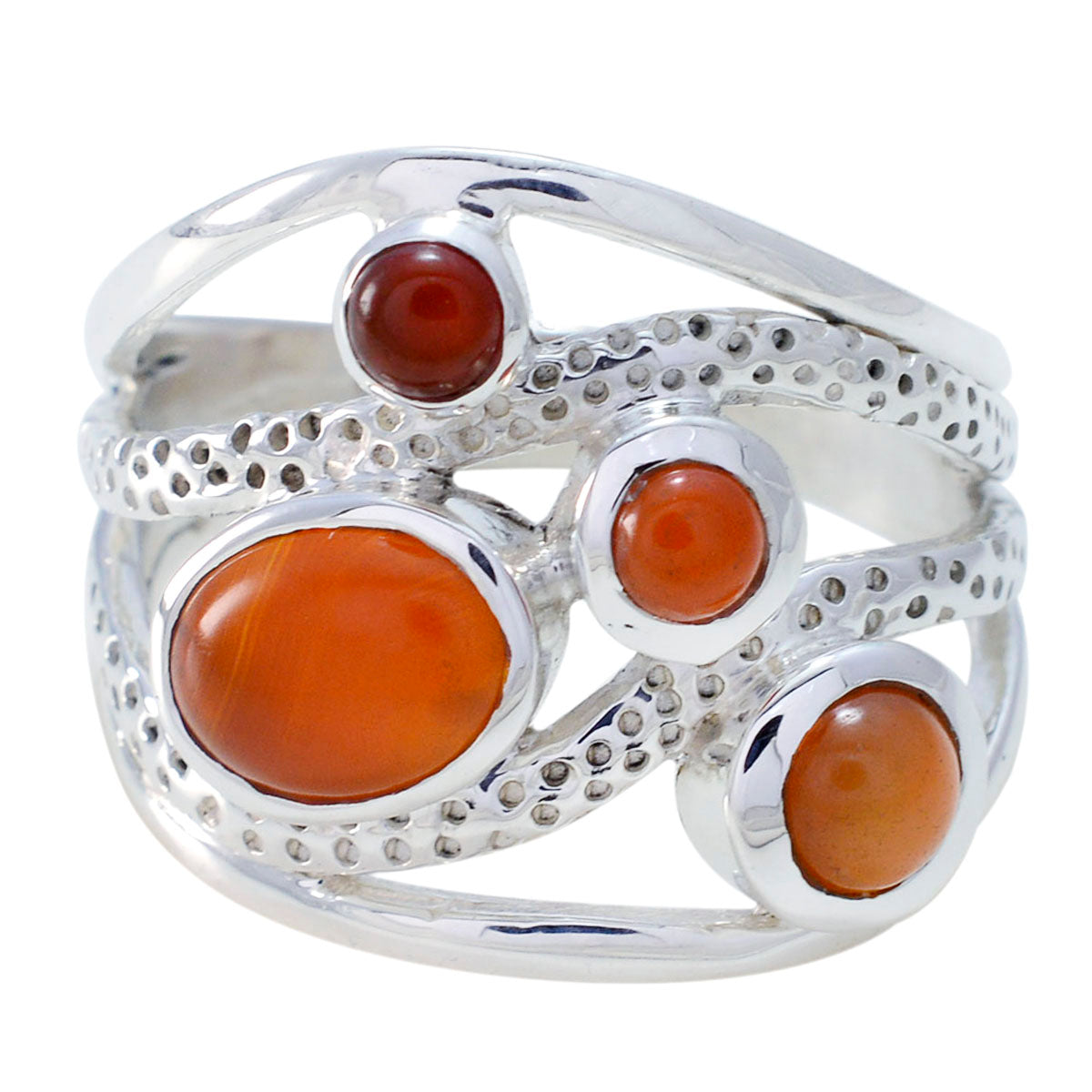 Autumn red gemstone statement ring with multiple polished red stones set in textured silver band