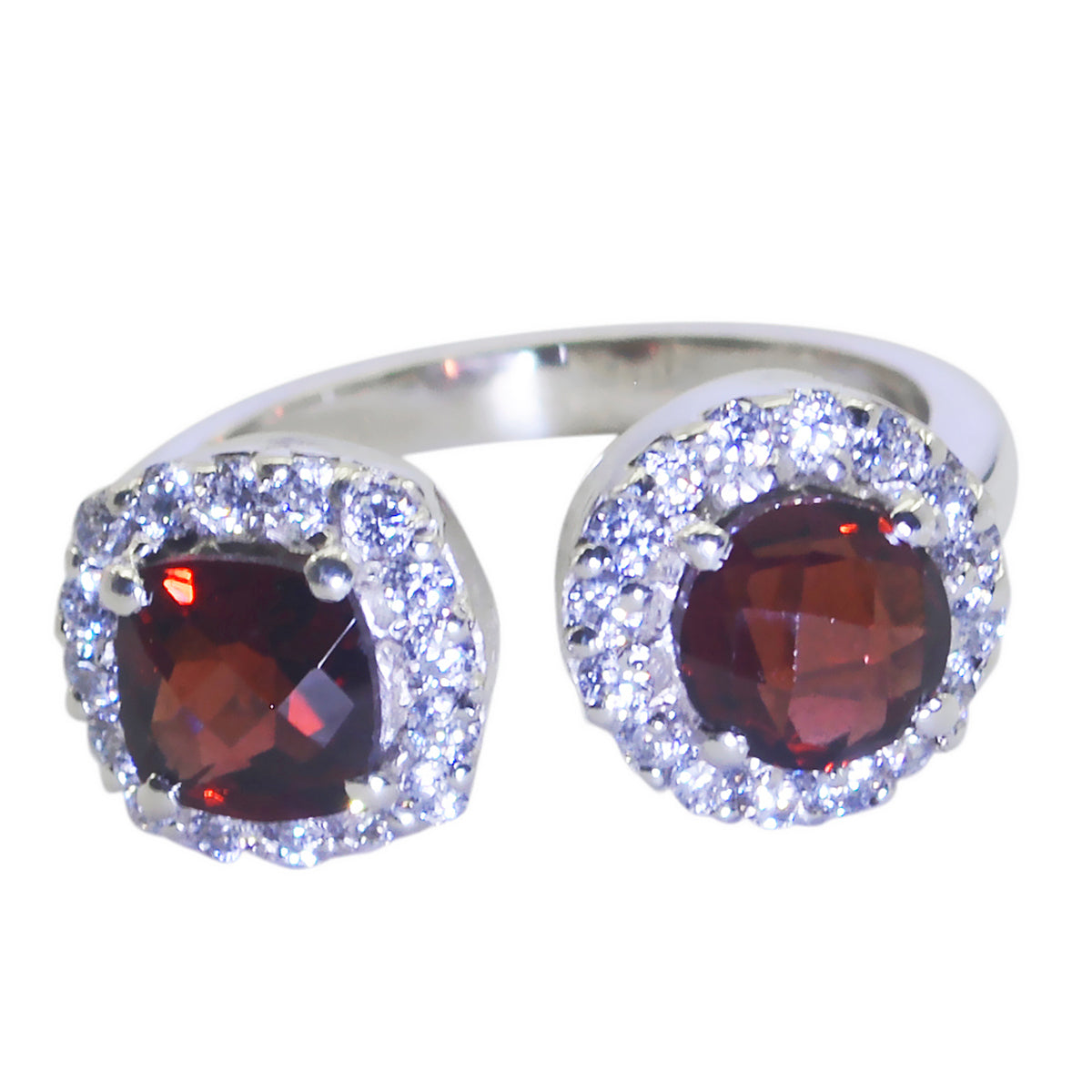 Valentina red gemstone toi et moi ring with two red stones surrounded by small clear crystals