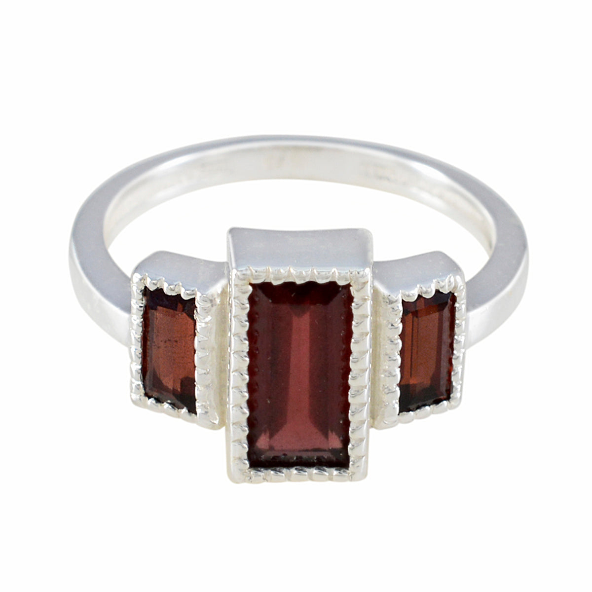 Charlotte silver ring featuring a red gemstone trilogy ring with three rectangular red stones