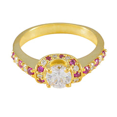 Soo-jin Red Halo Engagement Ring Gold Plated Gemstone Ruby CZ Red