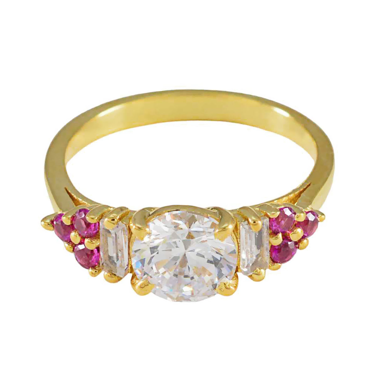 Araya gold ring with clear center stone and red halo gemstone ring accents on each side