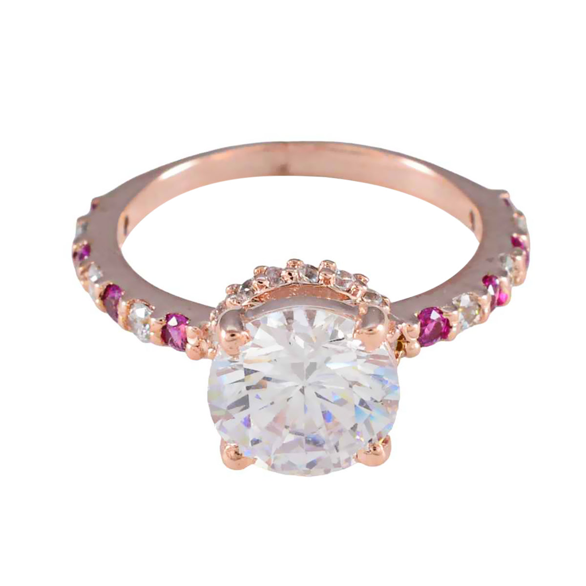 Li Lee red halo gemstone ring with large central clear stone and smaller red and white gemstones on band