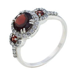 Maria red halo ring for women oval red center stone surrounded by clear halo and pave silver band