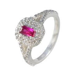 Tereza silver ring with red rectangular gem surrounded by diamond halo red halo ring for women