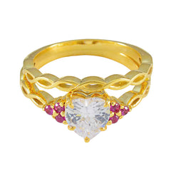 Saanvi gold ring with heart-shaped clear stone and red halo ring for women design
