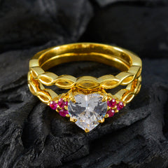 Saanvi gold red halo ring for women with heart-shaped center stone and red accent gems