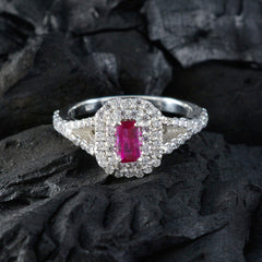 Tereza red halo ring for women featuring a rectangular red center stone surrounded by sparkling diamonds