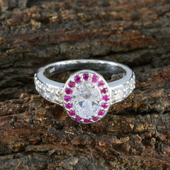 Ivana silver ring featuring a clear center stone surrounded by small red stones in red halo ring for women design