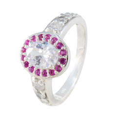 Ivana silver ring featuring a clear center stone surrounded by red halo ring for women