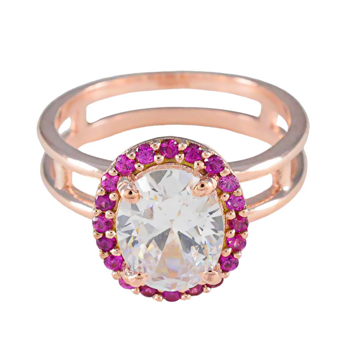 Josephine red halo ring for women with oval clear center stone and pink gemstone halo in rose gold band