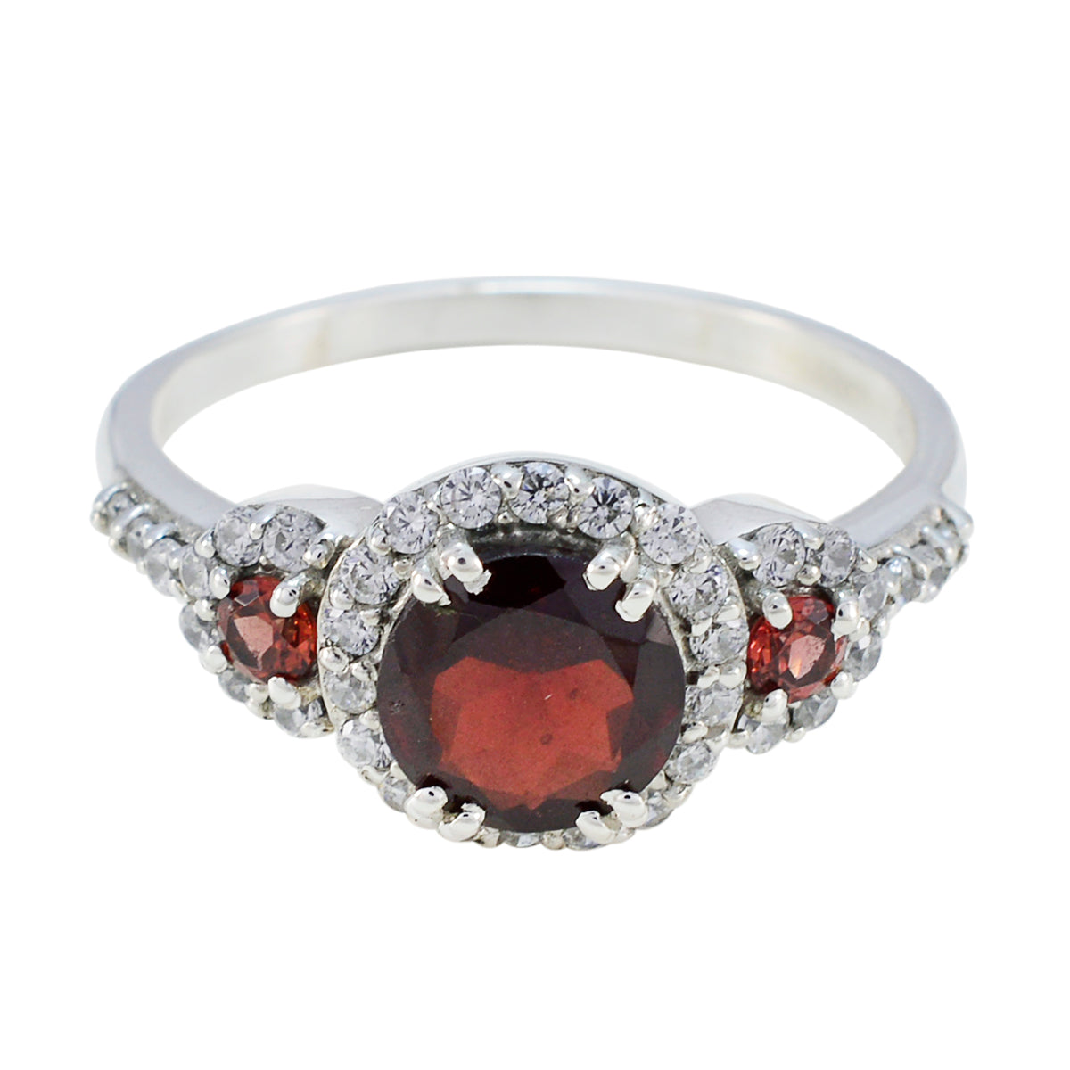 Maria red halo ring for women with round deep red center stone halo and pave clear stones