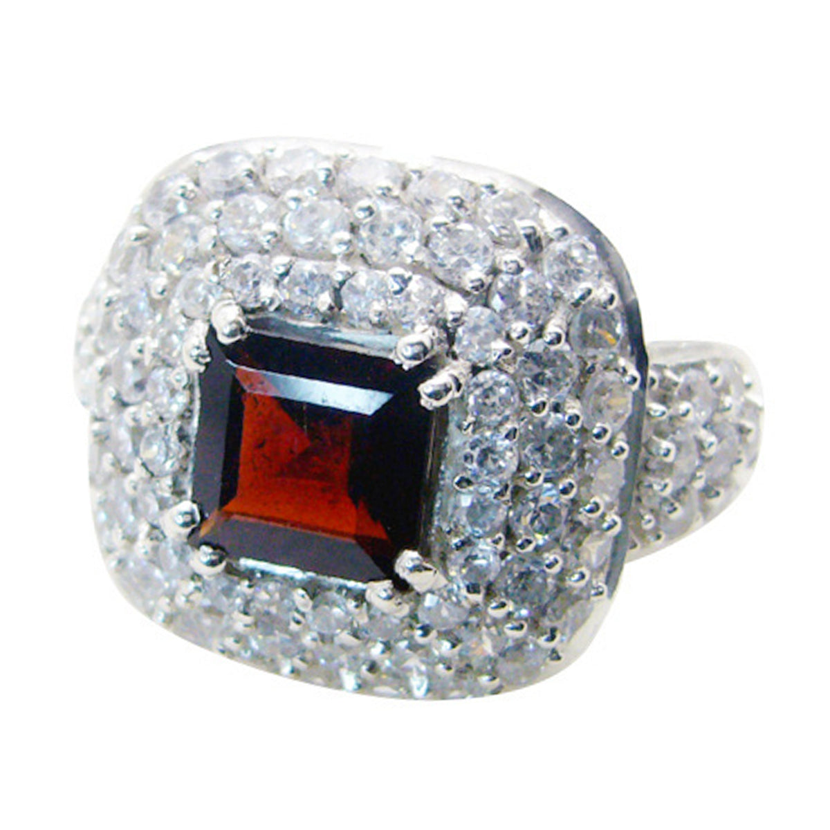 Maria red halo ring for women with square red gemstone center and pave cubic zirconia on silver band