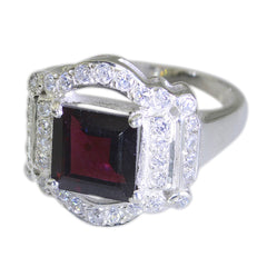 Autumn red halo ring for women with square red center stone and surrounding clear crystals