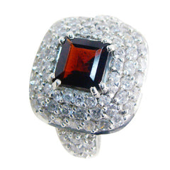 Maria red halo ring for women square red center gemstone with pave white crystals on silver band