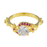 Maria Red Halo Wedding Ring with Floral Gold Design Ruby CZ Red