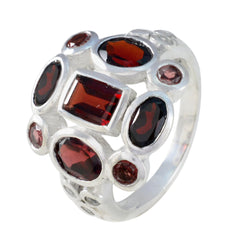 Joaquina red navratna ring sterling silver band with central rectangular and surrounding oval red gemstones