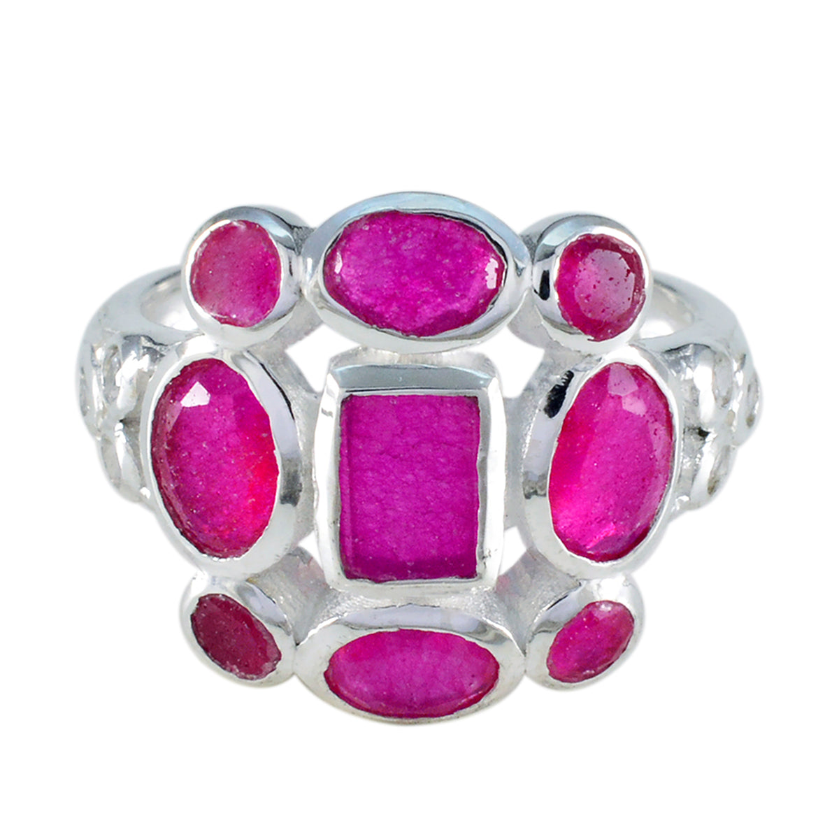 Eva red navratna ring with multiple vibrant red gemstones set in silver band