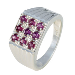 Bianca silver ring featuring nine red navratna ring stones in a square setting