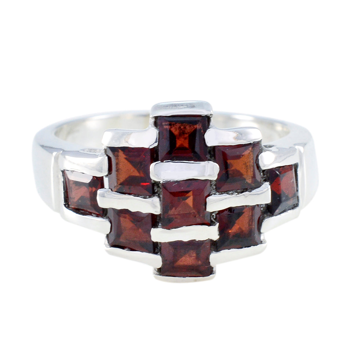 Paula silver ring featuring square-cut red stones in a grid design red navratna ring