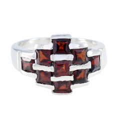 Paula silver ring featuring square-cut red stones in a grid design red navratna ring