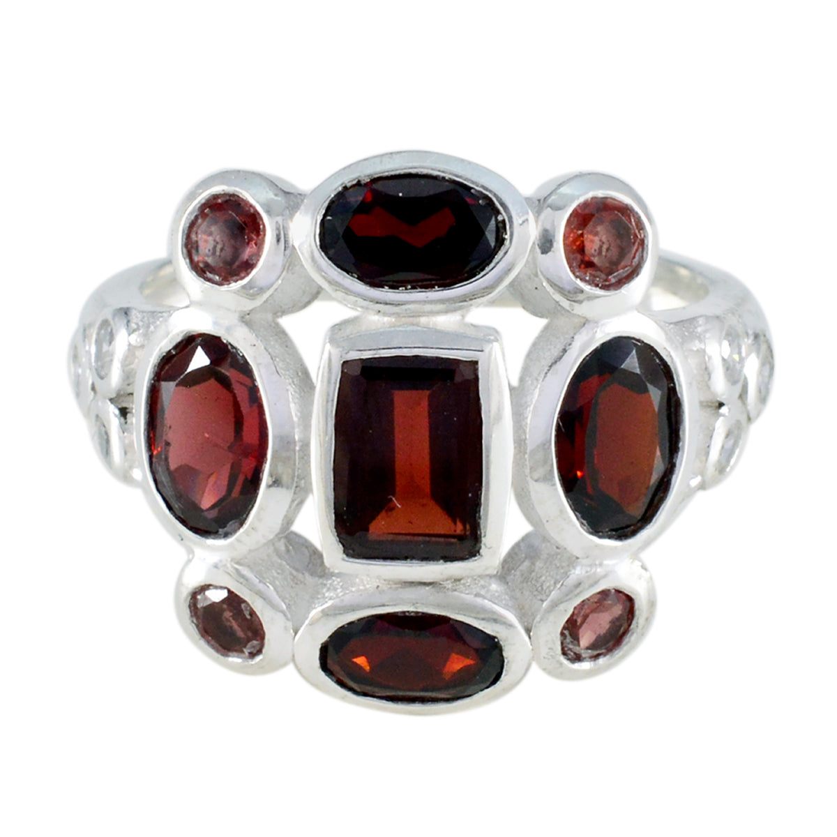 Joaquina red navratna ring sterling silver multi stone cluster with central rectangular deep red gemstone