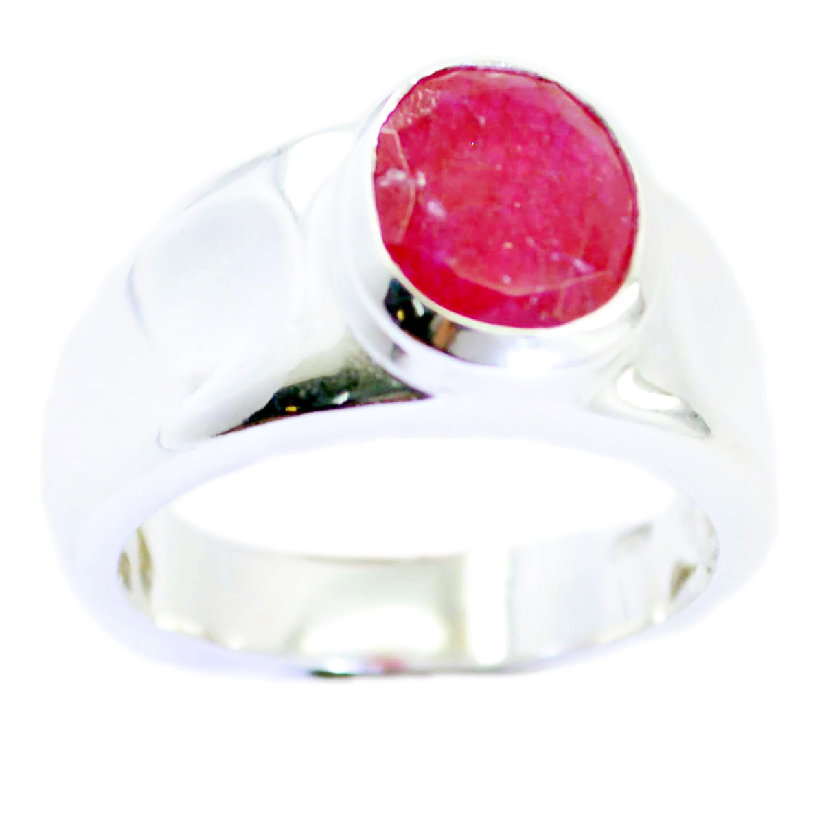 Nisa red solitaire gemstone ring with a round red gemstone set in a polished silver band
