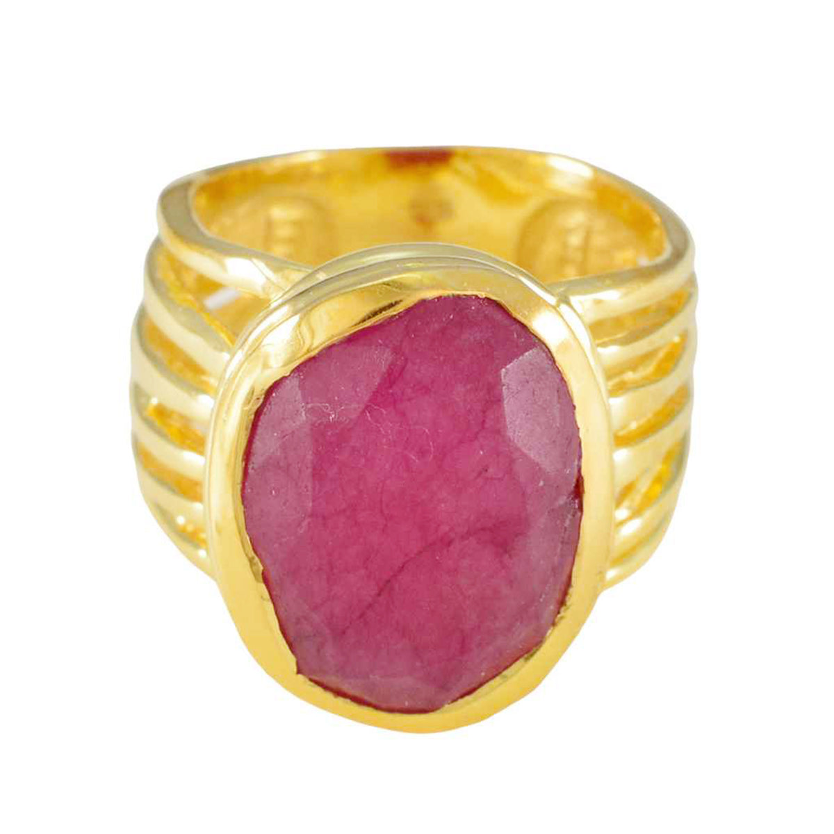 Lara gold ring with bezel set rough faceted ruby centerpiece red solitaire ring with wide ribbed band