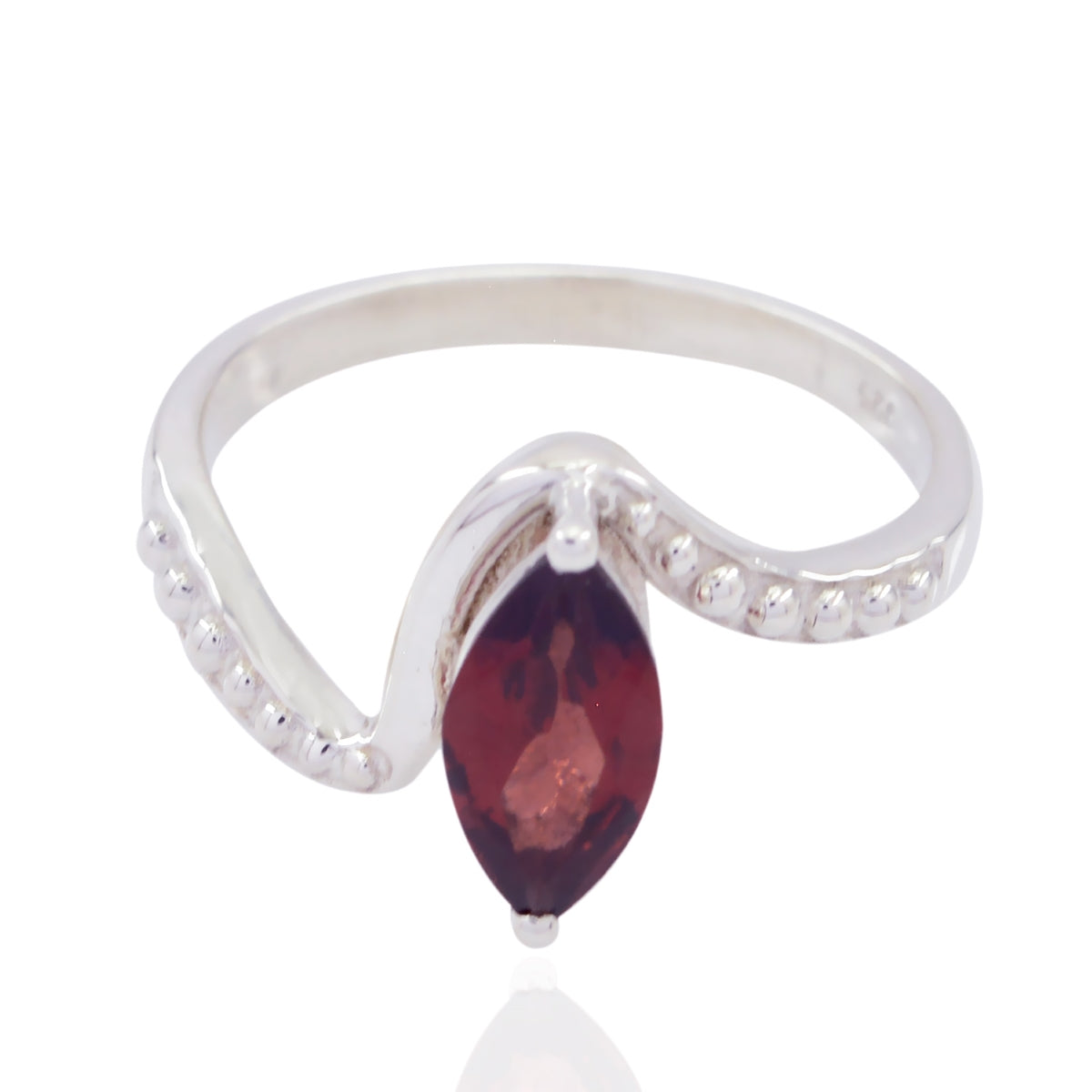 Emi silver band red solitaire ring with marquise cut stone and decorative beaded detailing