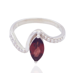 Emi silver band red solitaire ring with marquise cut stone and decorative beaded detailing