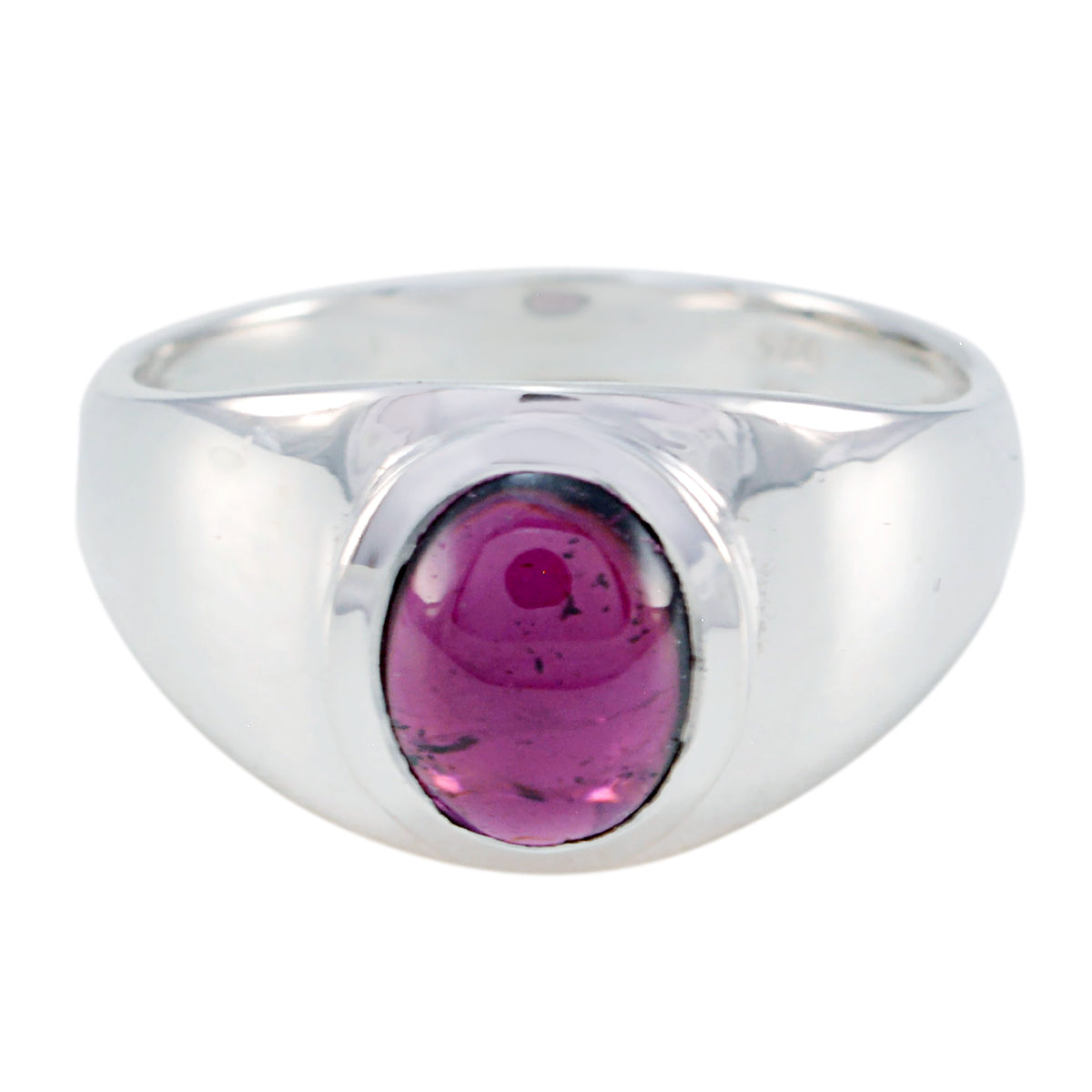 Audrey red solitaire ring with a polished silver band and oval red gemstone centerpiece