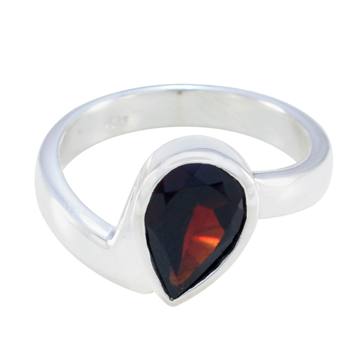 Priya silver ring featuring a red solitaire ring with a teardrop-shaped red gemstone