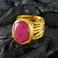 Lara gold multirow band red solitaire ring with large faceted oval ruby set in bezel