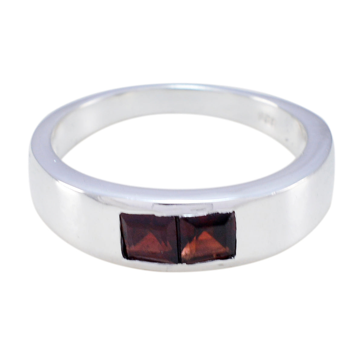 Camilla silver band ring featuring two square red stones red toi et moi ring design