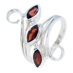 Ayesha silver red trilogy gemstone ring with three marquise-cut red stones and intricate design