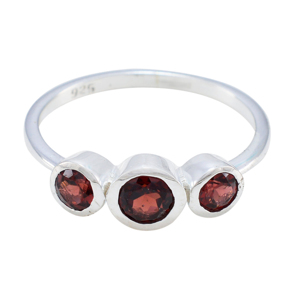 Wen sterling silver red trilogy gemstone ring with three round bezel set garnets for everyday elegance