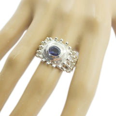 Meera Retro Blue Solitaire Ring with Silver Beaded Design