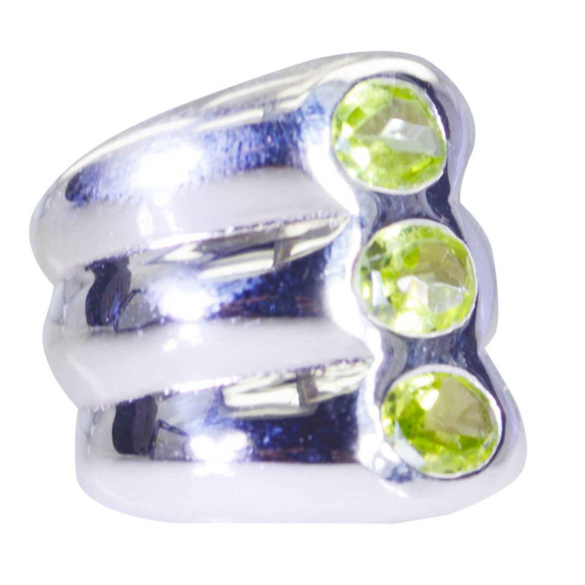 Ines retro green gemstone ring with three round green gemstones set in a polished silver band