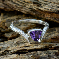 Paula retro purple solitaire ring with a triangular purple gemstone and textured silver band