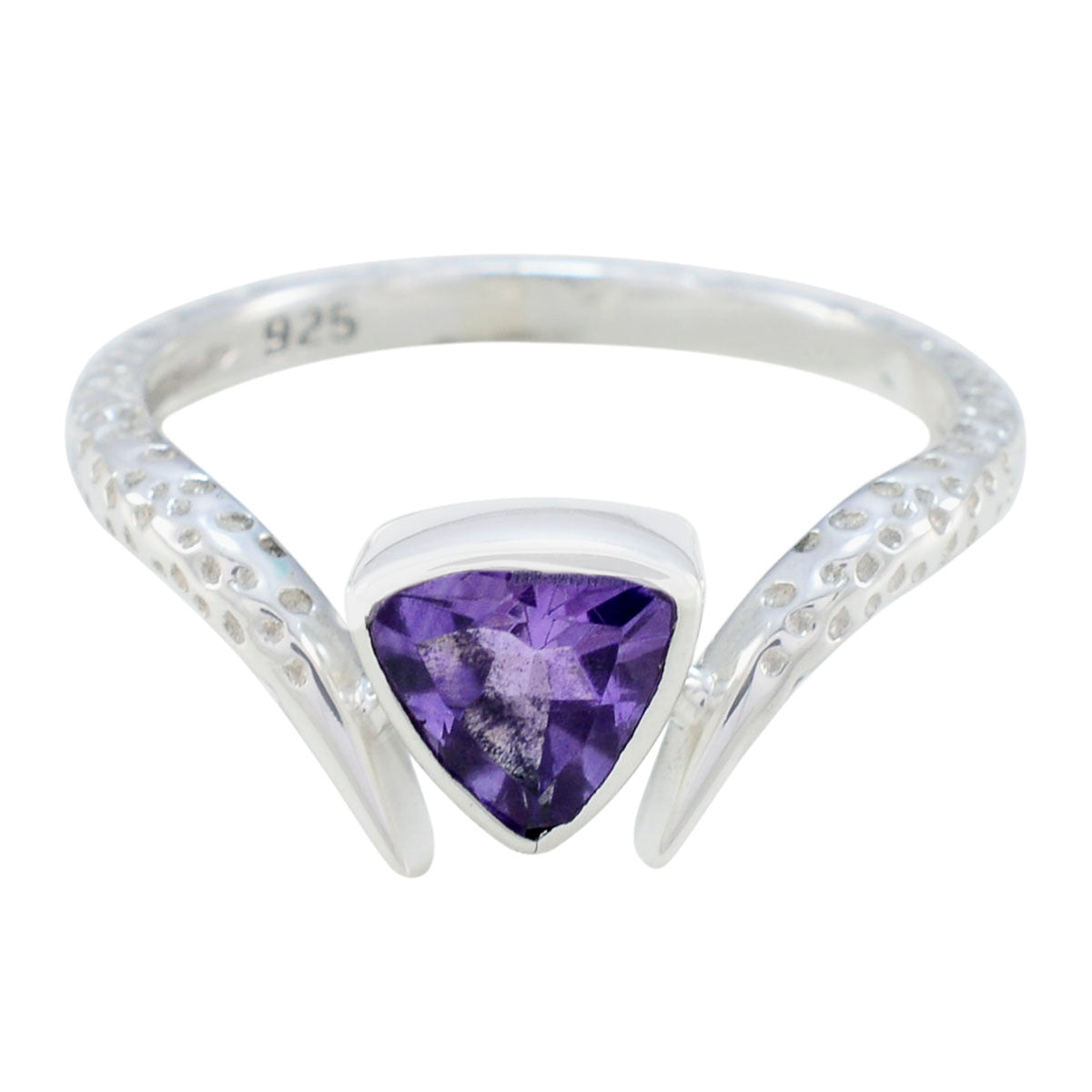 Paula retro purple solitaire ring with triangular purple gemstone and textured silver band