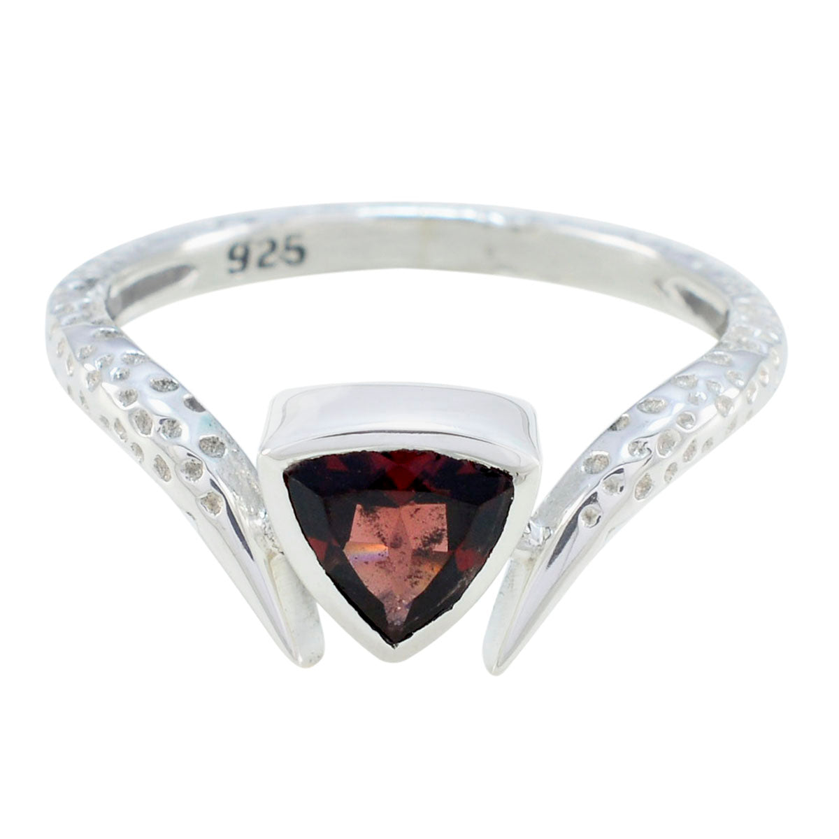 Siti retro red solitaire ring with triangular red gemstone set in textured silver band