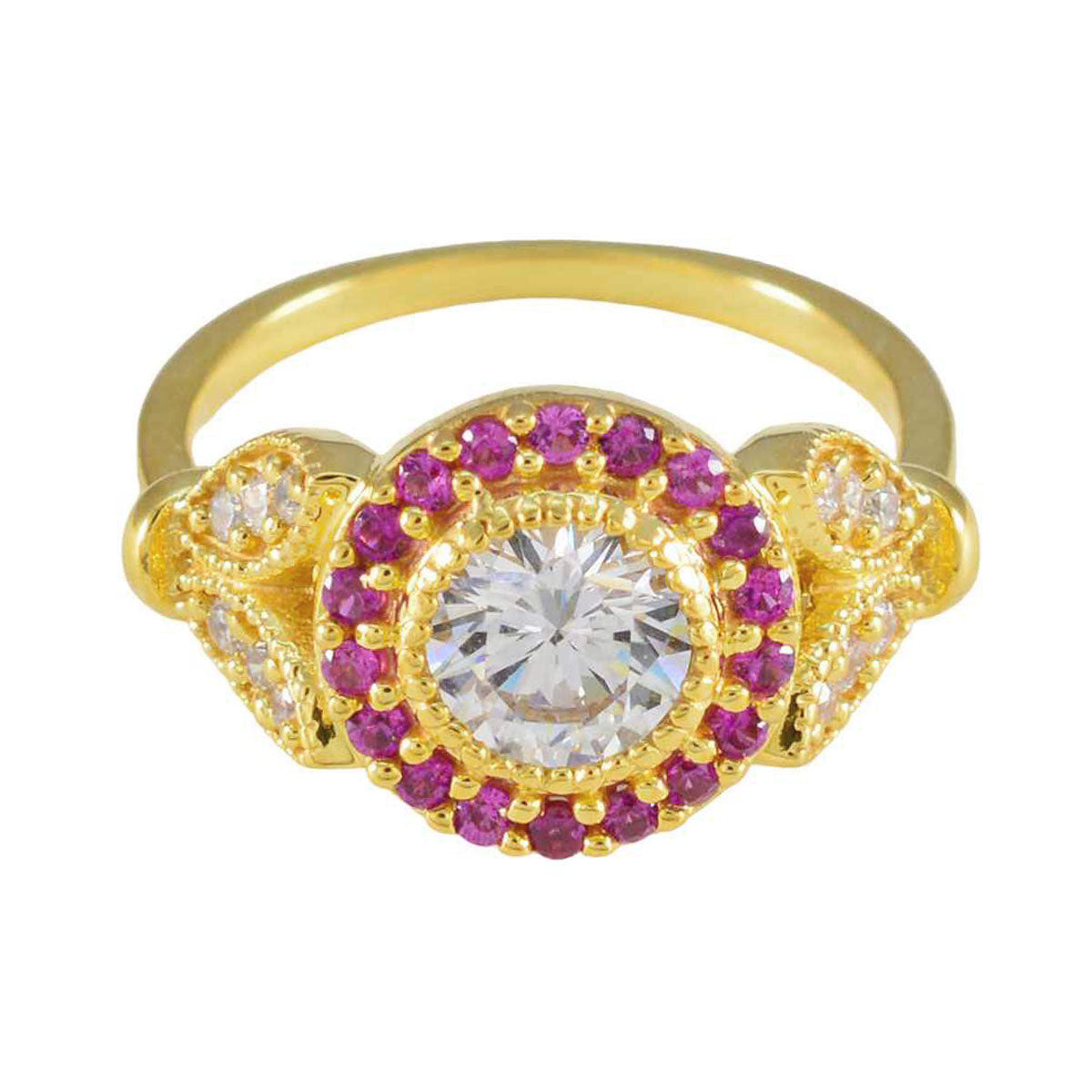 Jia romantic red halo ring with gold band and center clear gemstone surrounded by red stones