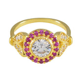 Jia romantic red halo ring with gold band and center clear gemstone surrounded by red stones