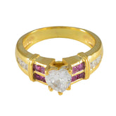 Daniela gold romantic red halo ring with heart-shaped center stone and purple side gems