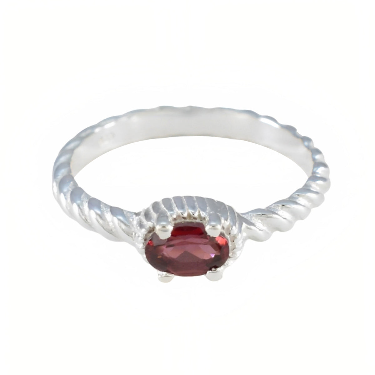 Sarah Red Solitaire Ring with Twisted Silver Band Garnet Red