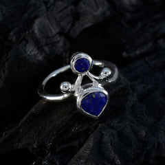 Handcrafted silver ring with round and teardrop lapis like blue stones on open band Scarlett blue dual stone ring