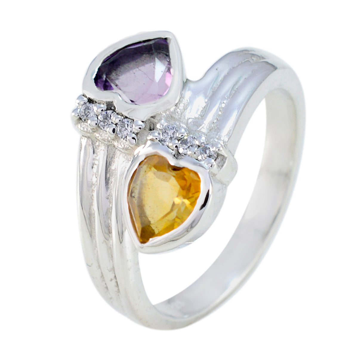 Lucia silver toi et moi heart ring with purple and yellow heart gemstones and small clear stones